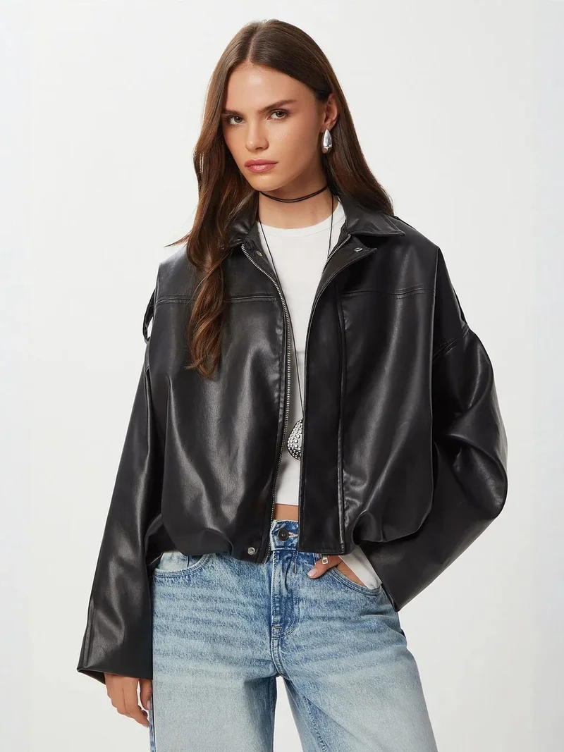 Lovely Istanbul ISTANBUL Faux Leather Biker Jacket with Zipper Closure