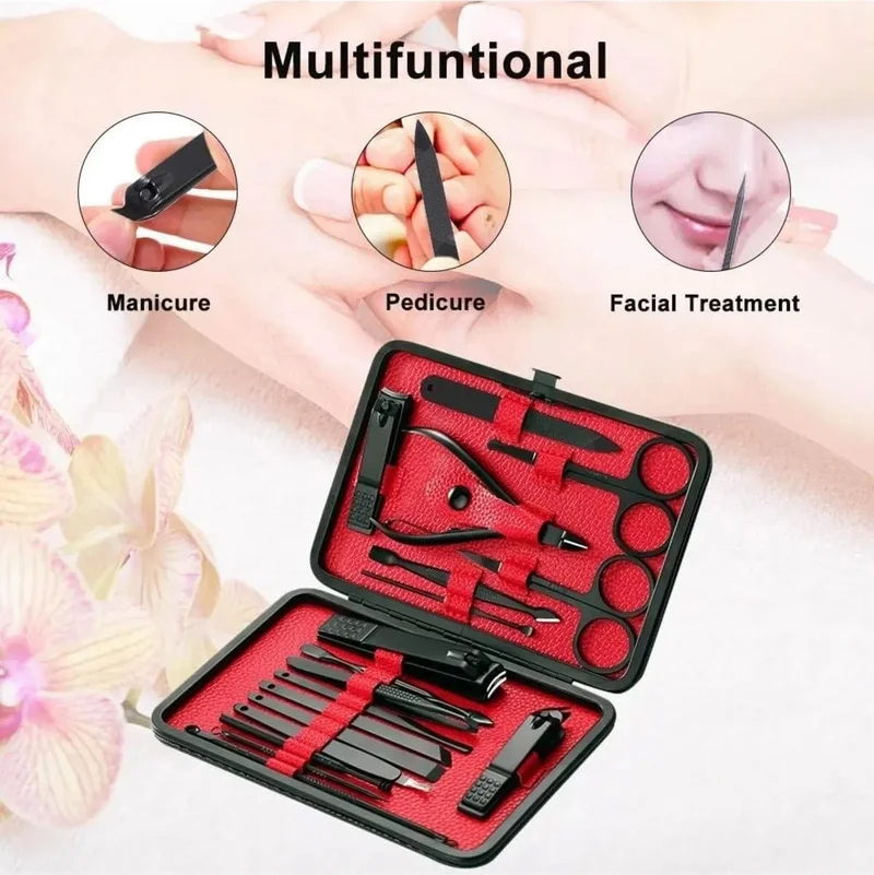 Safestore Stainless Steel Manicure Pedicure Set with Leather Case Hand Toe Nail Clipper 18 Pieces