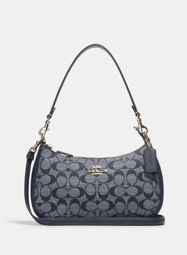 كوتش اوت ليت حقيبة كتف نسائية من Coach Teri مصنوعة من قماش مميز، حقيبة يد نسائية، حقيبة هوبو نسائية، حقيبة توت نسائية، حقيبة سفر نسائية، أزرق داكن - 24 سم - Image 1