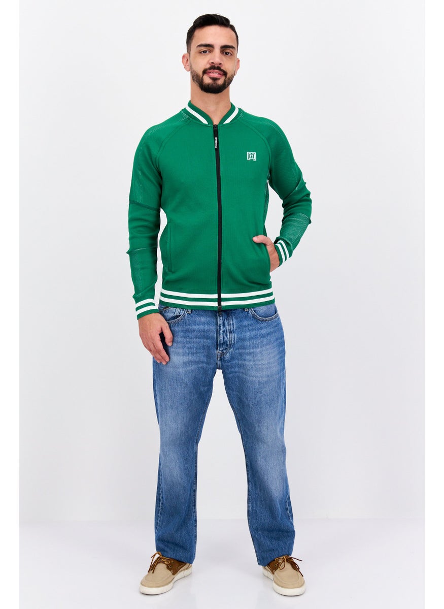 Free Soul - Men Baseball Collar Brand Logo Long Sleeve Sweatshirt, Green - Image 1