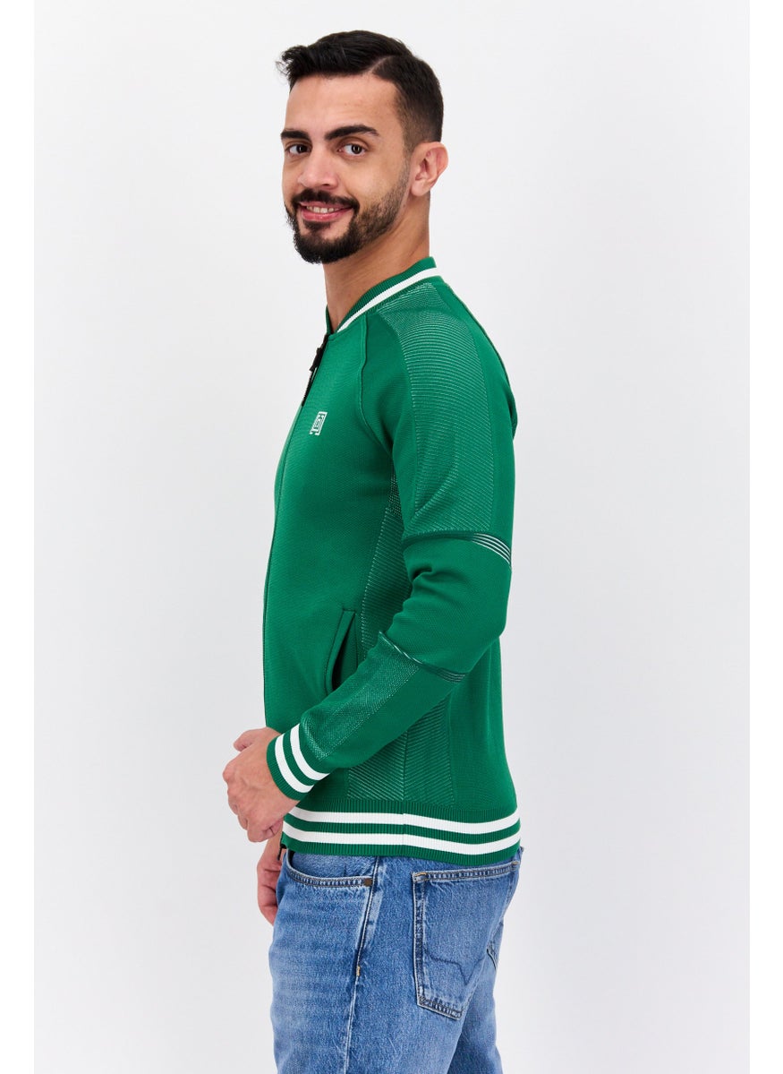 Free Soul - Men Baseball Collar Brand Logo Long Sleeve Sweatshirt, Green - Image 1