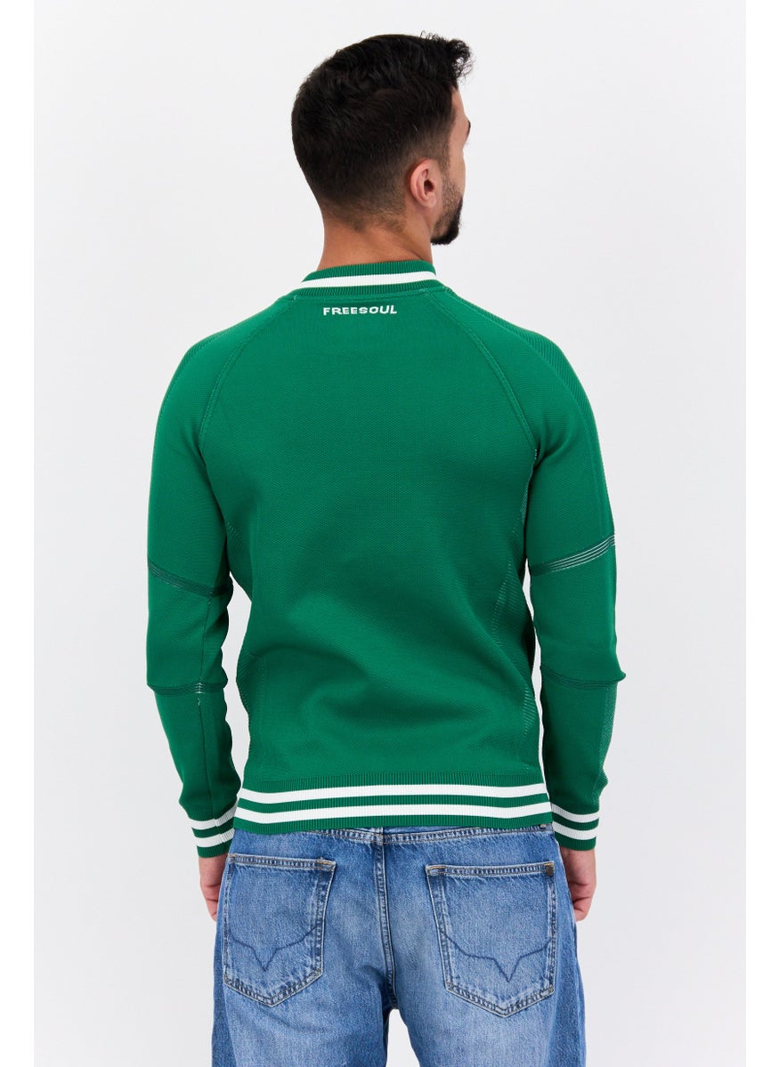 Free Soul - Men Baseball Collar Brand Logo Long Sleeve Sweatshirt, Green - Image 1