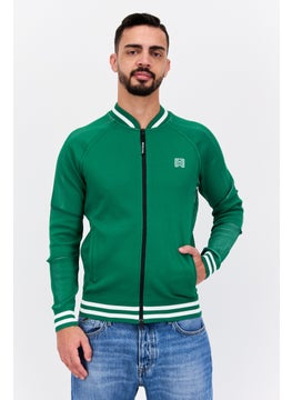 Men Baseball Collar Brand Logo Long Sleeve Sweatshirt, Green