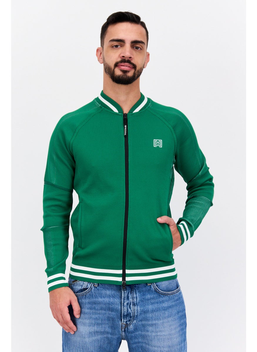 Free Soul - Men Baseball Collar Brand Logo Long Sleeve Sweatshirt, Green - Image 1