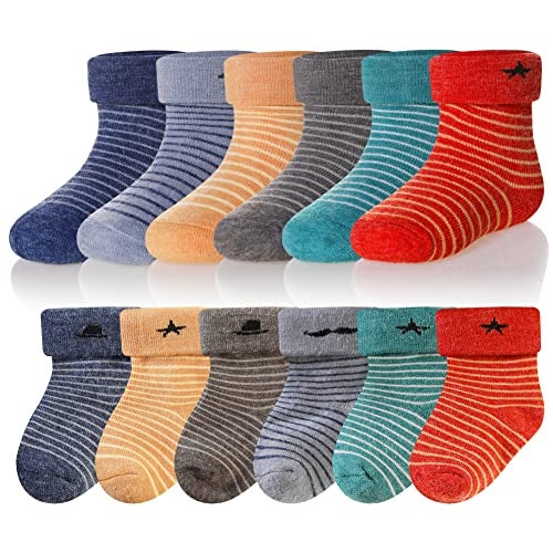 Eocom 6 Pairs Baby Boys Girls Wool Socks Infant Toddlers Kids Unisex Winter Thick Soft Warm Thermal Crew Socks (0-1 Years, Stripe) - Image 1
