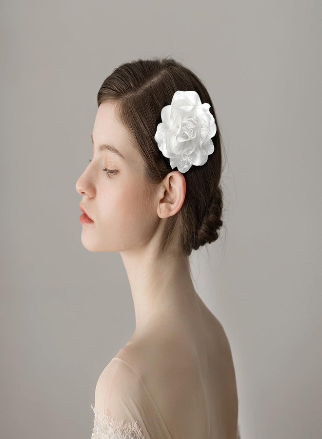 OIDIMS 11cm Extra Large Rose Flower Brooches Lapel Pins Dainty Satin Fabric Lace Flower Hair Clips Elegant Brooch Big Camellia Flowers Brooch for Women Wedding Party Dance Clothes Accessories Jewelry (White) - Image 2