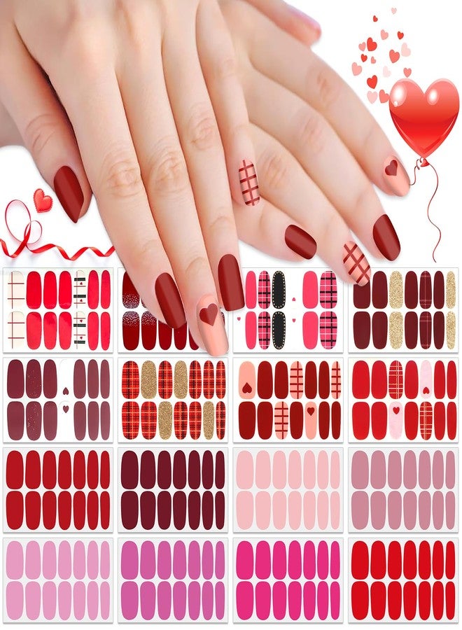 SILPECWEE 16 Sheets Nail Polish Strips Red Plaid Solid Color Nail Wraps for Women Self Adhesive Nail Polish Stickers Gel Nail Strips Fingernail Manicure Sticker Nail Art - Image 1