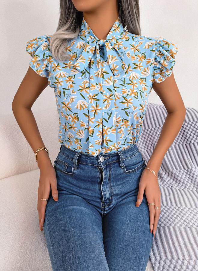 Take Two Light Blue Floral Sleeveless Tie-Neck Top - Image 3