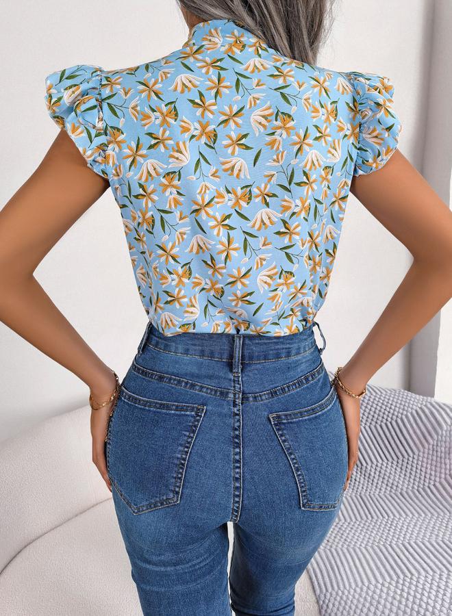 Take Two Light Blue Floral Sleeveless Tie-Neck Top - Image 4
