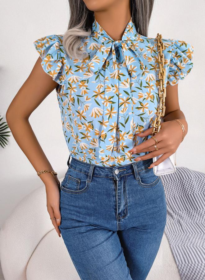 Take Two Light Blue Floral Sleeveless Tie-Neck Top - Image 5