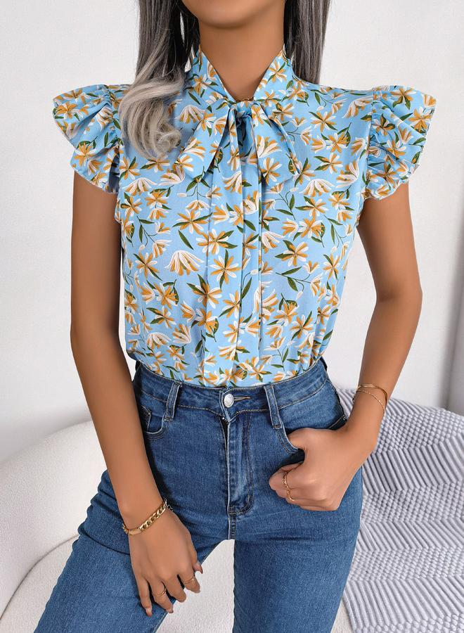 Take Two Light Blue Floral Sleeveless Tie-Neck Top - Image 1