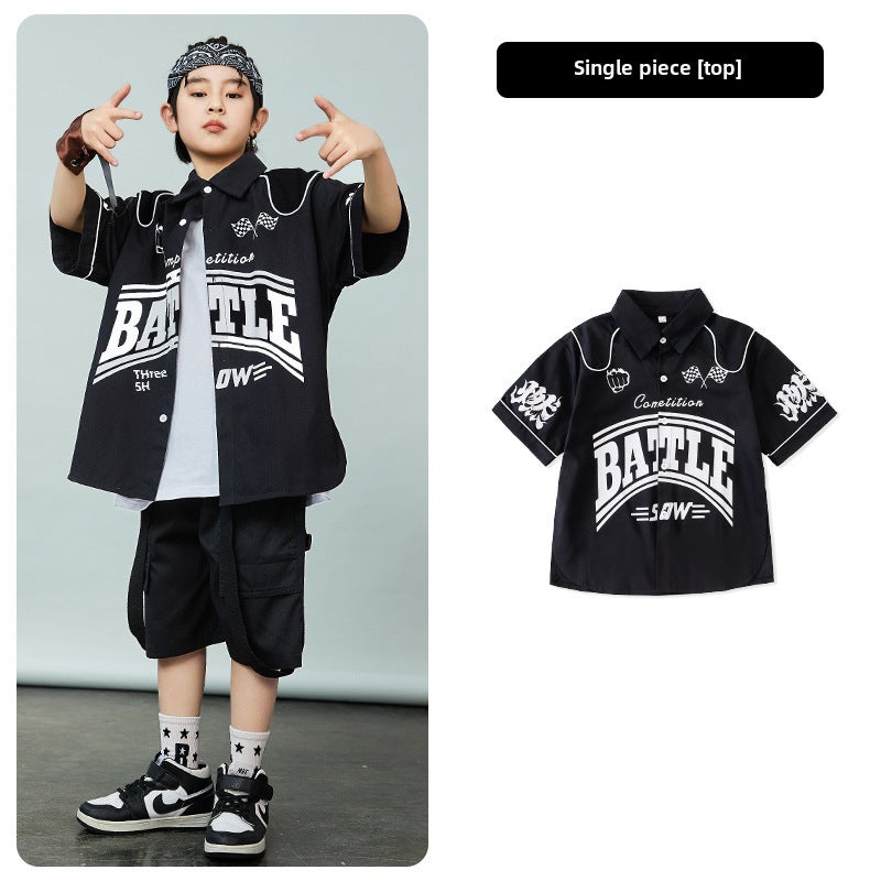 Kids Street Dance Cool Outfit Set Black Burning Shirt