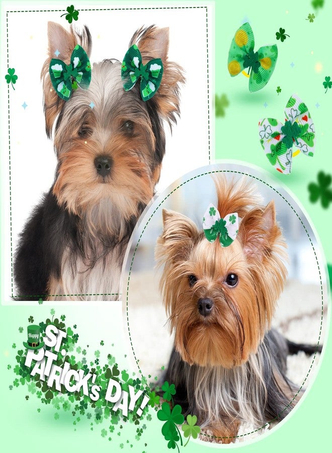 MTLEE 50 Pcs St. Patrick's Day Dog Bows Dog Hair Bows Green Clover Pattern with Rubber Bands Puppy Yorkie Cat Rabbits Butterfly Topknot Rhinestone Pearl Girl Accessories - Image 5