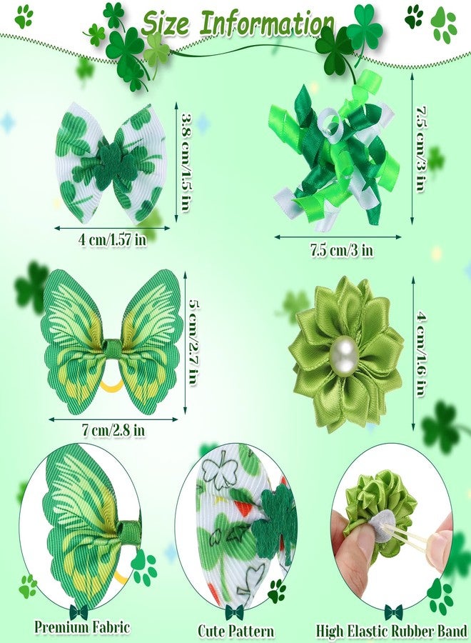 MTLEE 50 Pcs St. Patrick's Day Dog Bows Dog Hair Bows Green Clover Pattern with Rubber Bands Puppy Yorkie Cat Rabbits Butterfly Topknot Rhinestone Pearl Girl Accessories - Image 3