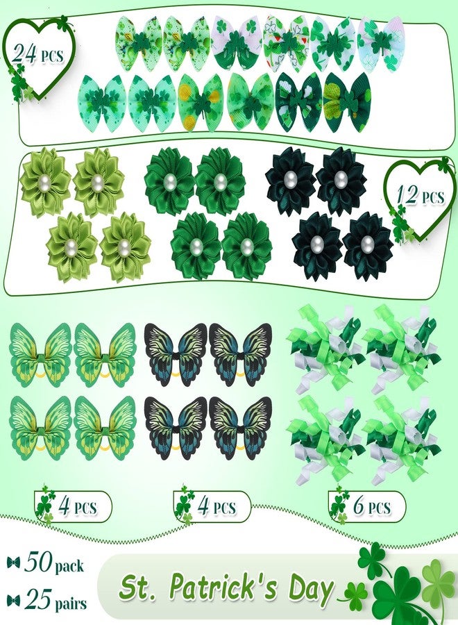 MTLEE 50 Pcs St. Patrick's Day Dog Bows Dog Hair Bows Green Clover Pattern with Rubber Bands Puppy Yorkie Cat Rabbits Butterfly Topknot Rhinestone Pearl Girl Accessories - Image 2