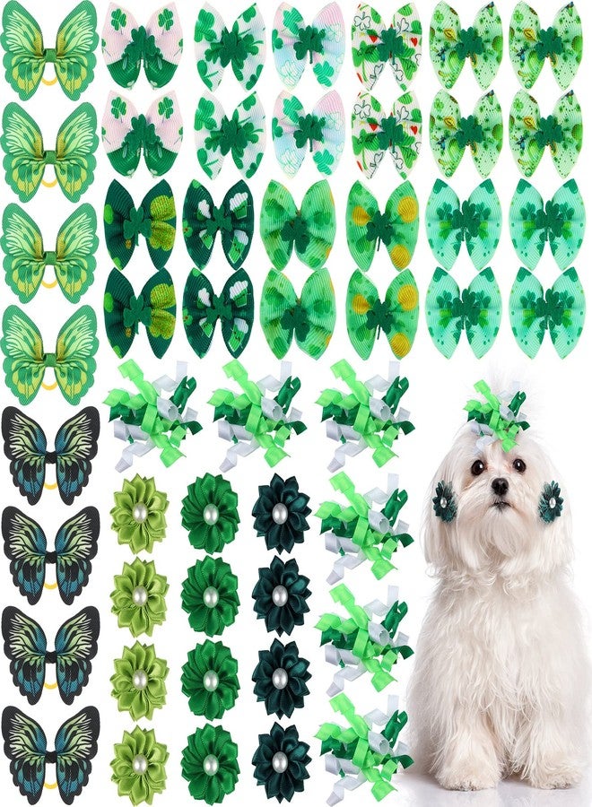 MTLEE 50 Pcs St. Patrick's Day Dog Bows Dog Hair Bows Green Clover Pattern with Rubber Bands Puppy Yorkie Cat Rabbits Butterfly Topknot Rhinestone Pearl Girl Accessories - Image 1