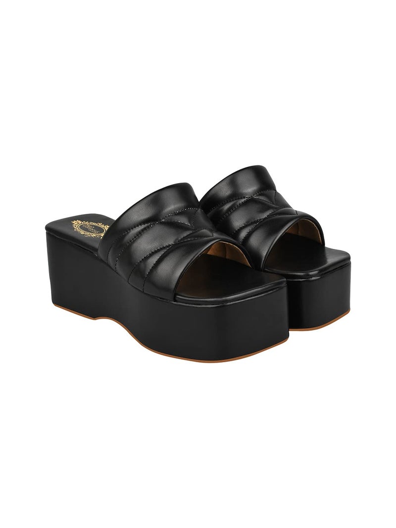 Shoetopia Women's Black Platform Wedge Sandals – Open Toe Slip-On Casual Slides with Cushioned Strap Comfortable EU37 - Image 1