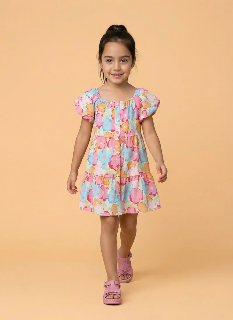 نوتيناتي Nautinati Girls' Multicolour Floral Fit & Flare Dress with Puff Sleeves