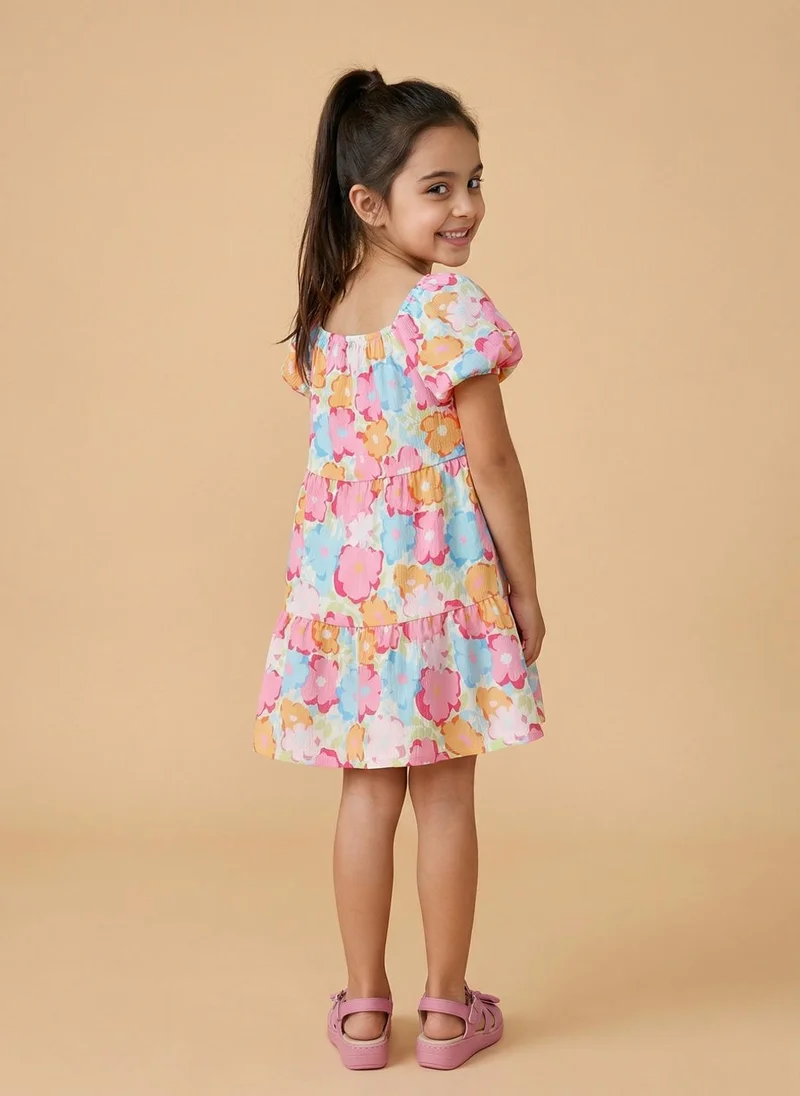 نوتيناتي Nautinati Girls' Multicolour Floral Fit & Flare Dress with Puff Sleeves