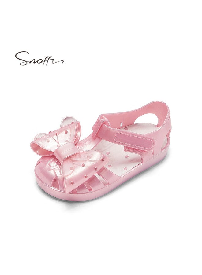 Snoffy Children's Sandals, Girls' Summer Fashion, Little Girls' Bow-tie Closed-toe Soft-soled Jelly Shoes, Mirror Pink, Size 26 - Image 1