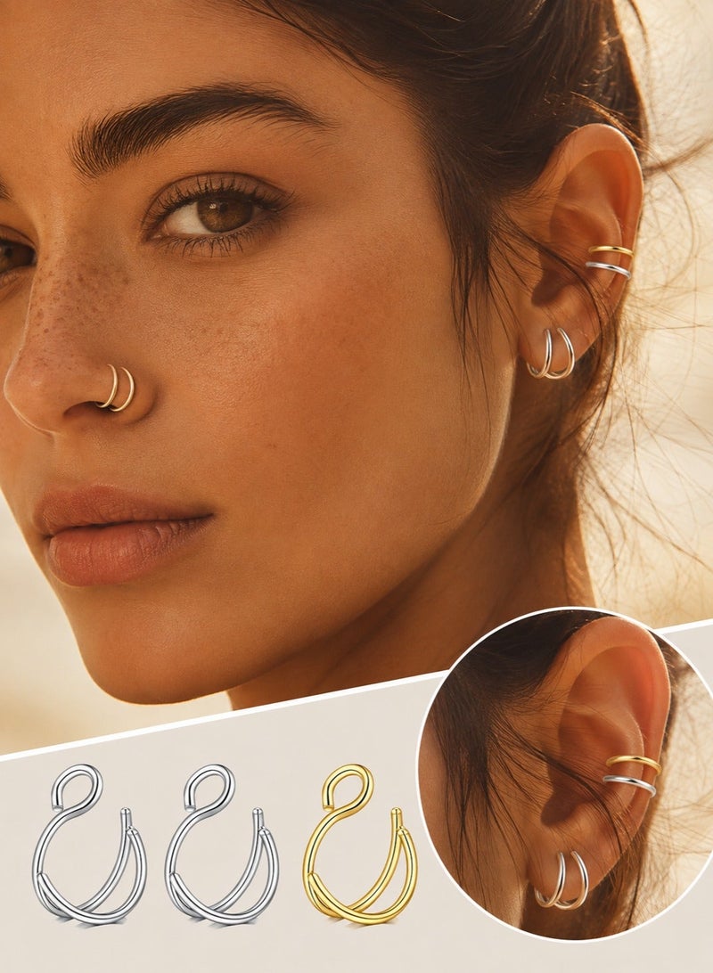 Fake Nose Rings 3 Pieces 8mm No Piercing Hoop Clips for Nose Septum and Lip 2 Silver and 1 Gold Tone - Image 1