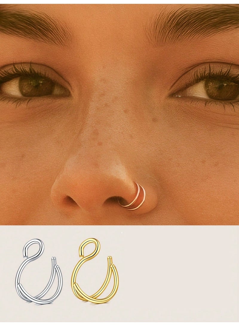 Fake Nose Rings 3 Pieces 8mm No Piercing Hoop Clips for Nose Septum and Lip 2 Silver and 1 Gold Tone - Image 4