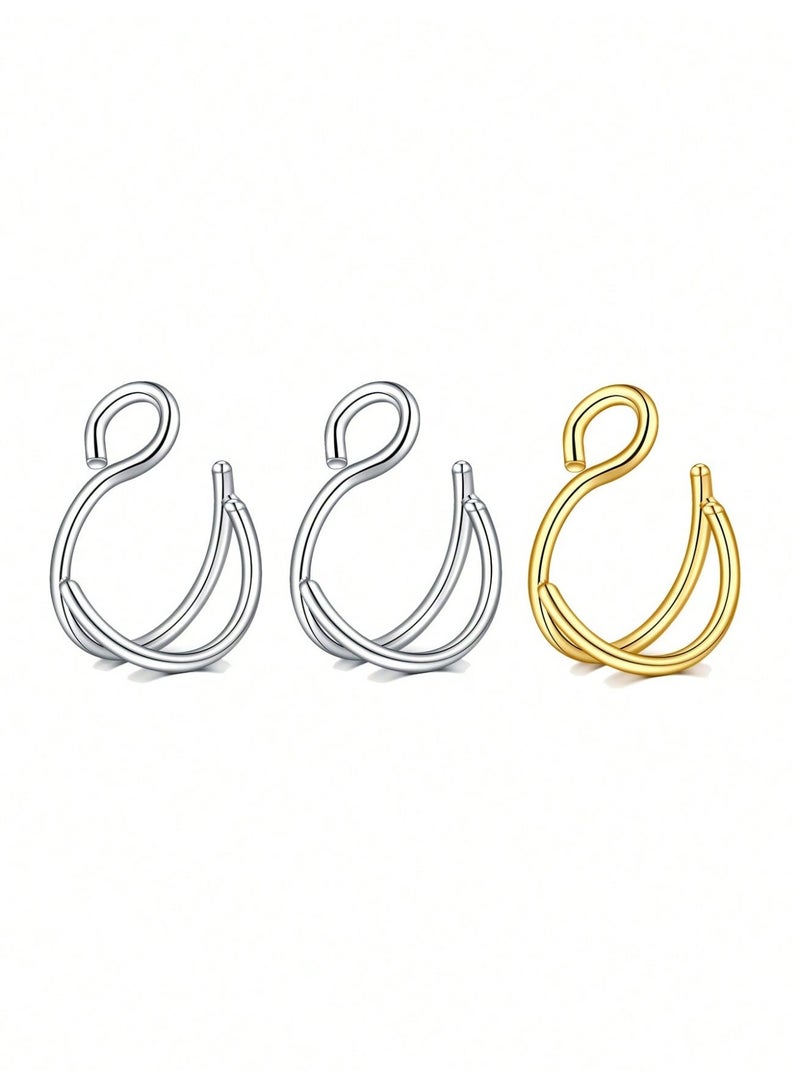 Fake Nose Rings 3 Pieces 8mm No Piercing Hoop Clips for Nose Septum and Lip 2 Silver and 1 Gold Tone - Image 3