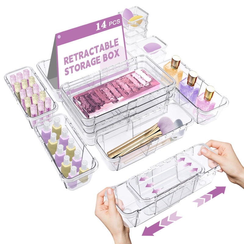 Hiitytin 14 Pcs Clear Drawer Organizer Adjustable Drawer Storage Box 3Size Desk Drawer Organizer Acrylic Storage Bins for Makeup Cosmetic Kitchen Utensils Bedroom Dressers Tool Organizer for Gadgets - Image 2
