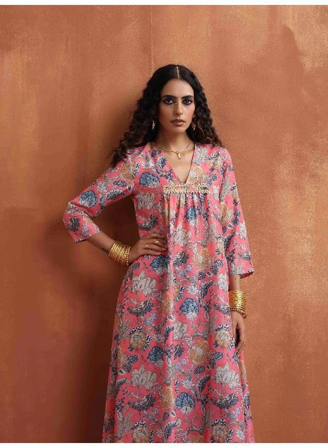 trueBrowns Orange Print A-line Kurta Set
