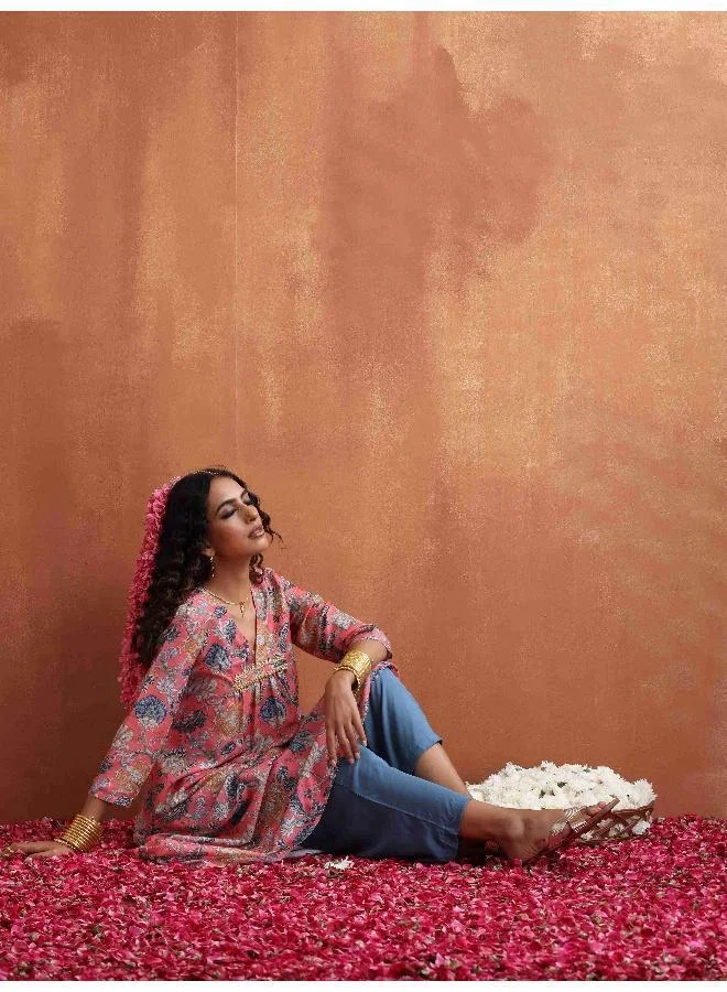 trueBrowns Orange Print A-line Kurta Set