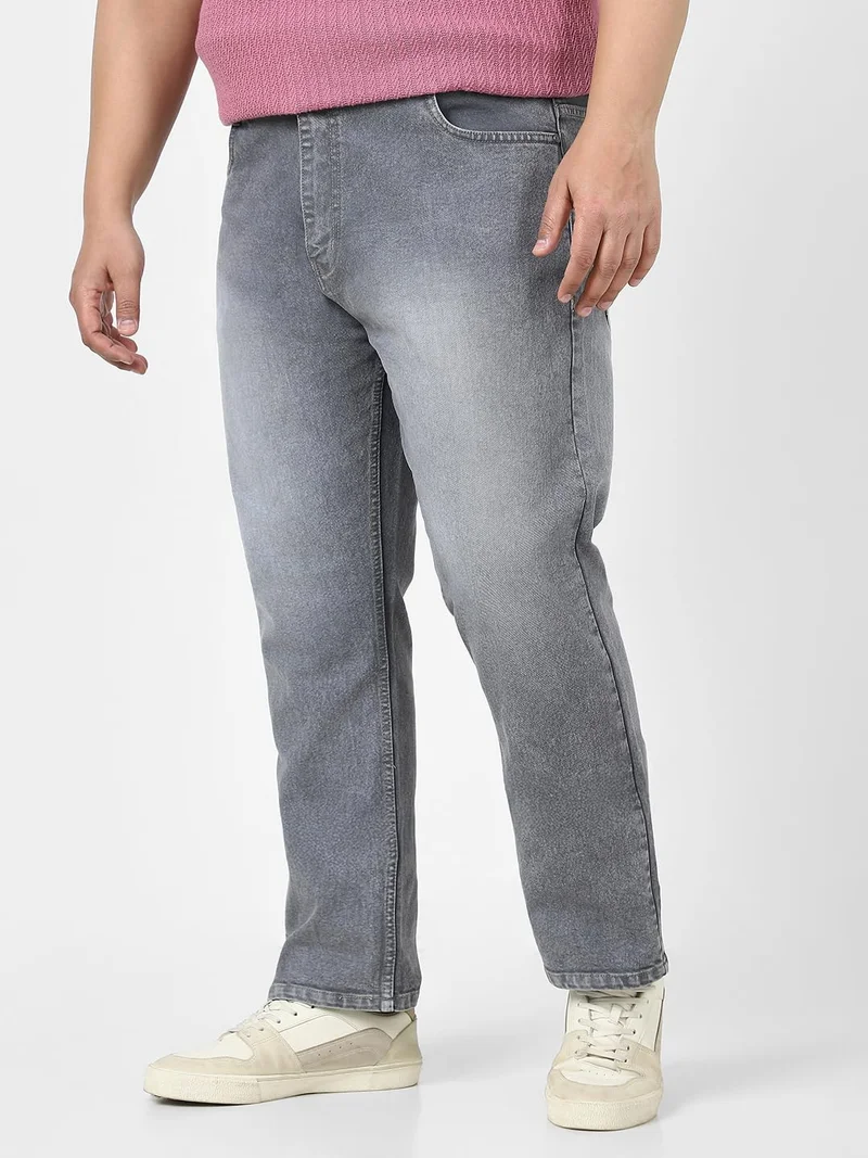 Urbano Plus Men's Grey Straight Fit Washed Jeans Stretchable
