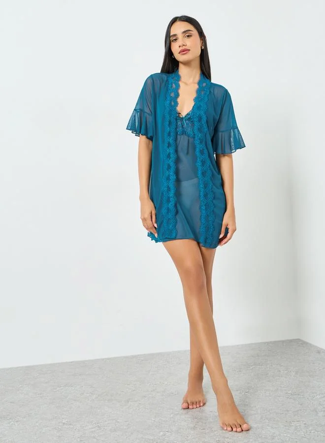 Take Two Pack of 2 -  Lace Trim Sheer Robe and Slip Set