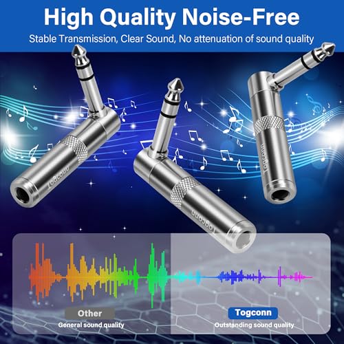 Togconn 90 Degree 1/4 inch TRS Audio Extension Adapter 2-Pack, Right Angle 6.35mm 1/4" TRS Stereo Male to Female Heavy Duty Metal L-Shaped Connector for Speaker, Guitar, Microphone Cables - Image 4