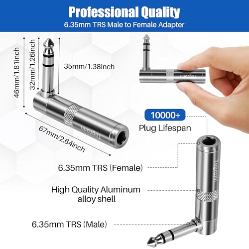 Togconn 90 Degree 1/4 inch TRS Audio Extension Adapter 2-Pack, Right Angle 6.35mm 1/4" TRS Stereo Male to Female Heavy Duty Metal L-Shaped Connector for Speaker, Guitar, Microphone Cables - Image 2