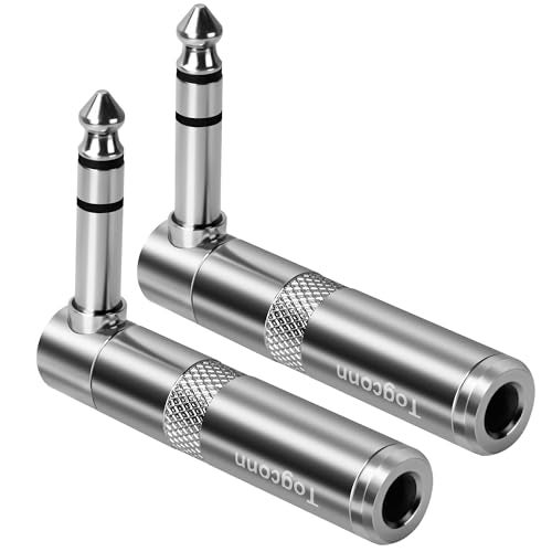 Togconn 90 Degree 1/4 inch TRS Audio Extension Adapter 2-Pack, Right Angle 6.35mm 1/4" TRS Stereo Male to Female Heavy Duty Metal L-Shaped Connector for Speaker, Guitar, Microphone Cables - Image 1