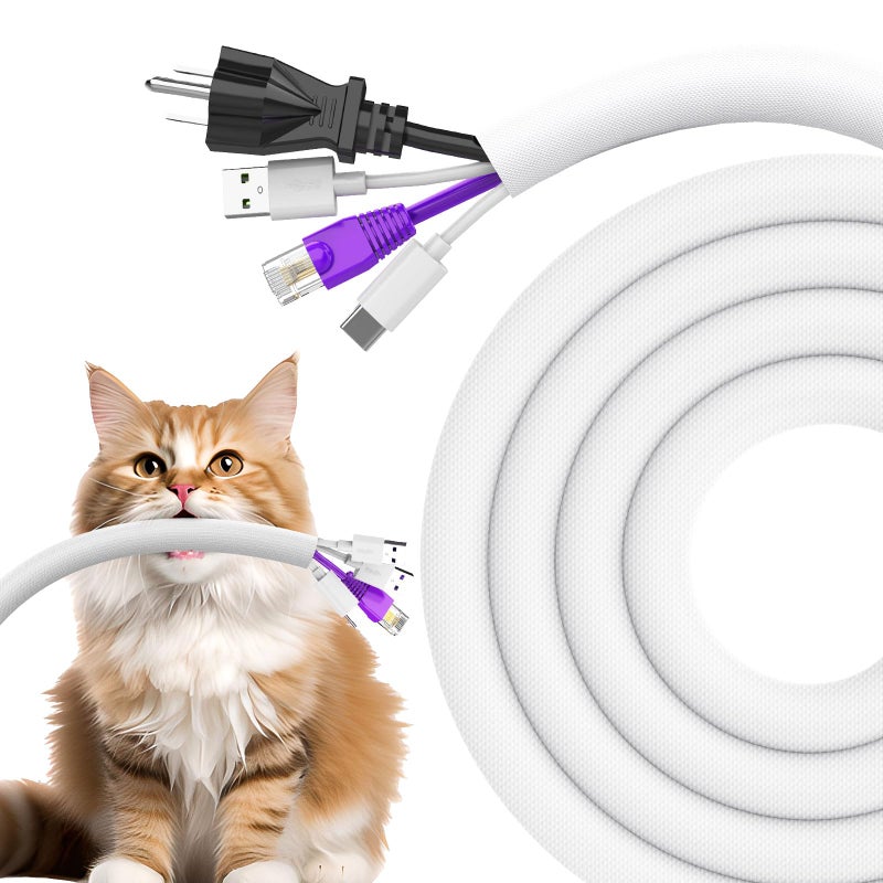 UOMTFAI Dog and Cat Cord Protector 10ft - 1/2inch, Flexible Cable Sleeve for Easy Cord Management, Protects Cables from Pets Chewing, Ideal for USB, Power, Audio and Video Cords - White - Image 1