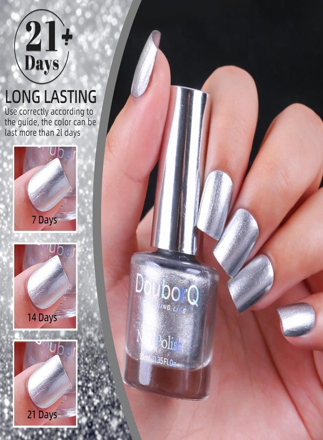 DouborQ Shiny Silver Color Nail Polish Finger Air Dry Long-lasting Metal Nail Art Varnish (01) - Image 3
