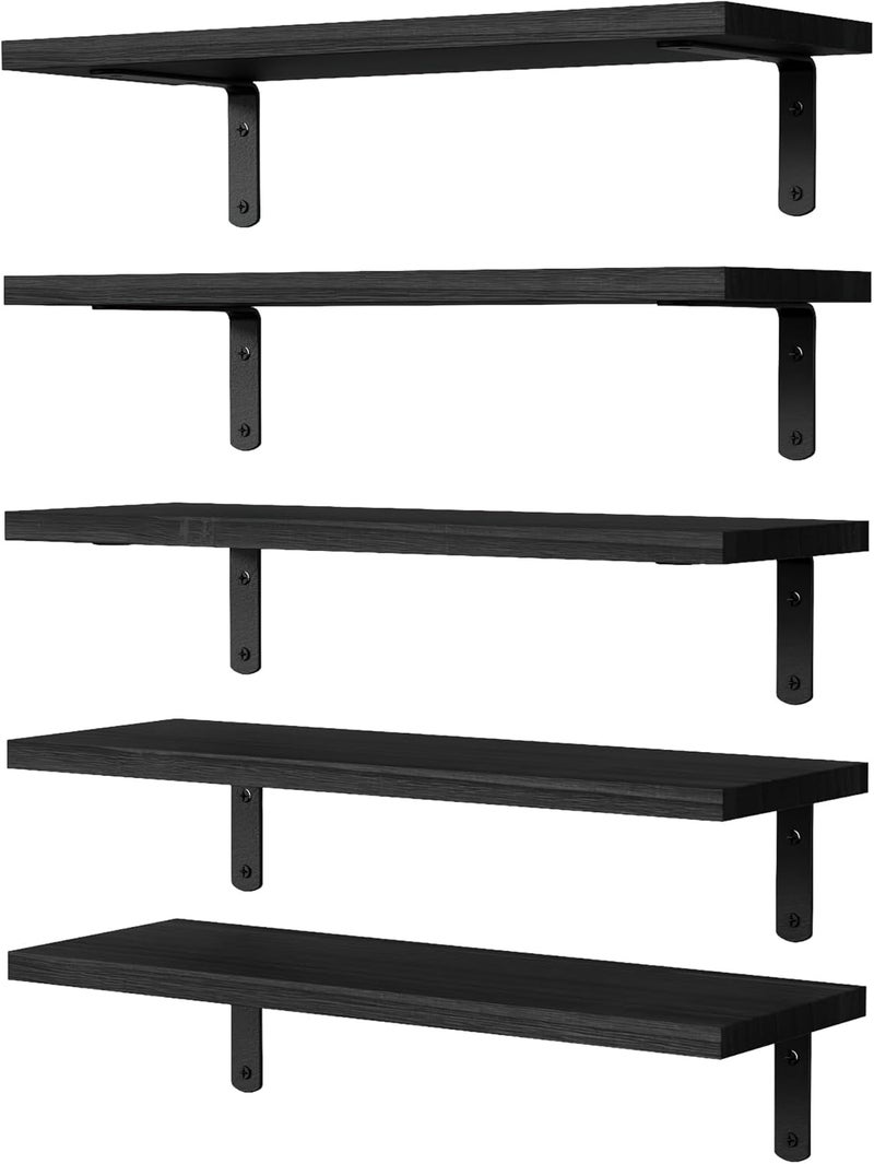 DOLLFIO Floating Shelves, 5 Sets Wall Shelves, Wood Floating Shelves for Bedroom Wall Décor, Wall Mounted Floating Bathroom Shelf for Storage, Floating Book Shelf, Living Room – Black - Image 1