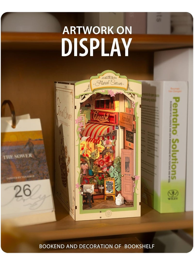 Rolife Book Nook TGB09 Flowers Corner Bookshelf Decoration with LED Lights, DIY Miniature House Kits, 3D Puzzle for Adults to Build, Decorative DIY Crafts/Birthday Gifts/Home Decor, Ideal Gift for G - Image 1
