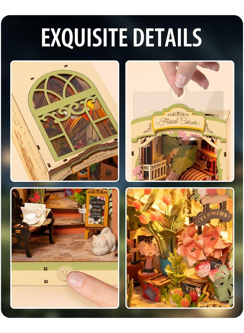 Rolife Book Nook TGB09 Flowers Corner Bookshelf Decoration with LED Lights, DIY Miniature House Kits, 3D Puzzle for Adults to Build, Decorative DIY Crafts/Birthday Gifts/Home Decor, Ideal Gift for G - Image 4