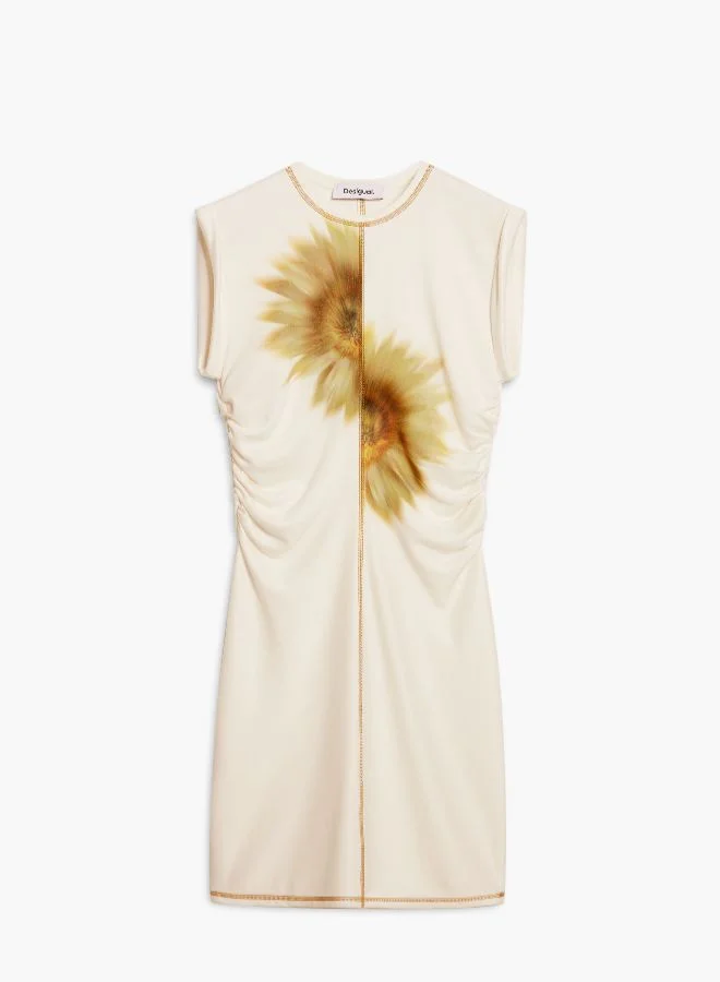 Desigual cream with yellow floral print Short Sunflower Lyocell Dress for Women | Best Price UAE