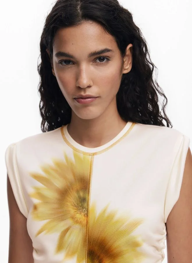 Desigual cream with yellow floral print Short Sunflower Lyocell Dress for Women | Best Price UAE