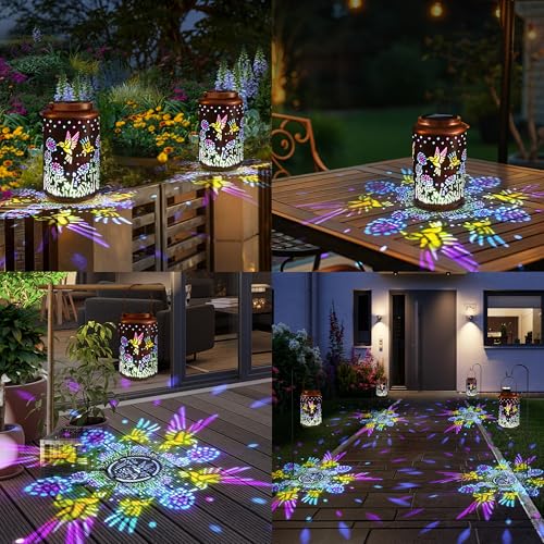 ODEETRONIC 2 Pack Warm White Outdoor Hanging Solar Garden Lanterns with Star Projection, Retro Hollowed-Out LED Lights, Waterproof for Yard Patio Lawn Porch Pathway Garden - Image 5