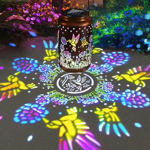 ODEETRONIC 2 Pack Warm White Outdoor Hanging Solar Garden Lanterns with Star Projection, Retro Hollowed-Out LED Lights, Waterproof for Yard Patio Lawn Porch Pathway Garden - Image 1