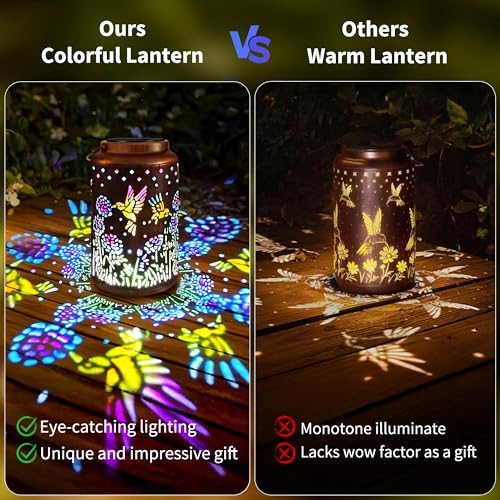 ODEETRONIC 2 Pack Warm White Outdoor Hanging Solar Garden Lanterns with Star Projection, Retro Hollowed-Out LED Lights, Waterproof for Yard Patio Lawn Porch Pathway Garden - Image 3