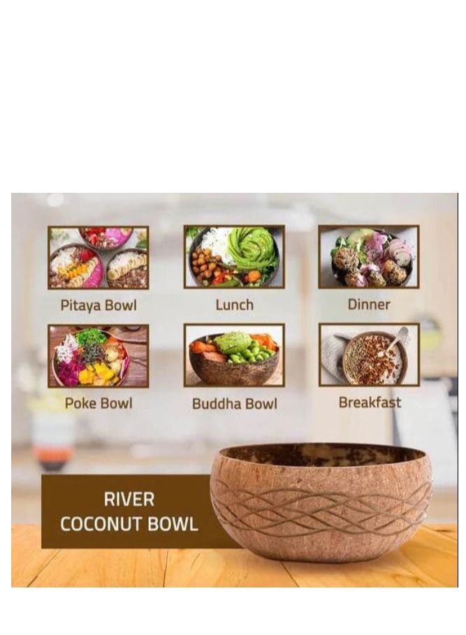 وعاء جوز الهند الطبيعي مع ملعقة من خشب الأبنوس، تصميم ريفيرا مصنوع يدويًا، يمكن استخدامه كوعاء حساء، ووعاء سلطة، ووعاء حبوب، ووعاء سموثي، وشعيرية نباتية، وصديقة للبيئة، هدية لأي تقديم طعام - Image 2