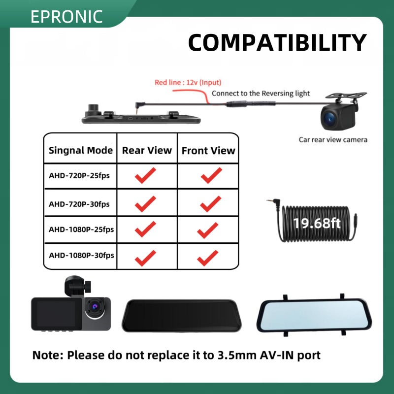 Epronic 4 Pin Backup Camera for Mirror Dash Cam AHD1080P, 4 Pin to 2.5mm Jack Vehicle Backup Camera Dash Cam Front/Rear View Camera 19.68ft Extension Cable - Image 2