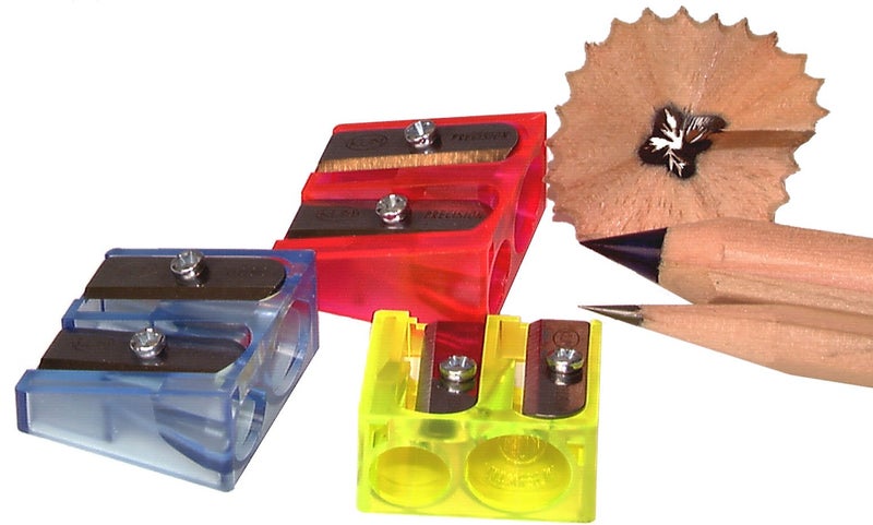 Kum 301.02.21 2-Hole Steel Blade Rectangular Pencil Sharpeners Without Waste Container, Colors Vary - Image 1