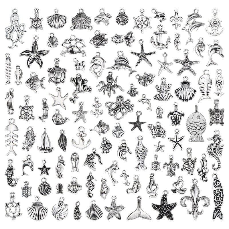 JIALEEY Wholesale 100 Pieces Mix Antique Silver Charm Pendant Collection DIY Jewelry Supply for Necklace Bracelet Dangle Jewelry Making and Crafting Sea Animals Styles