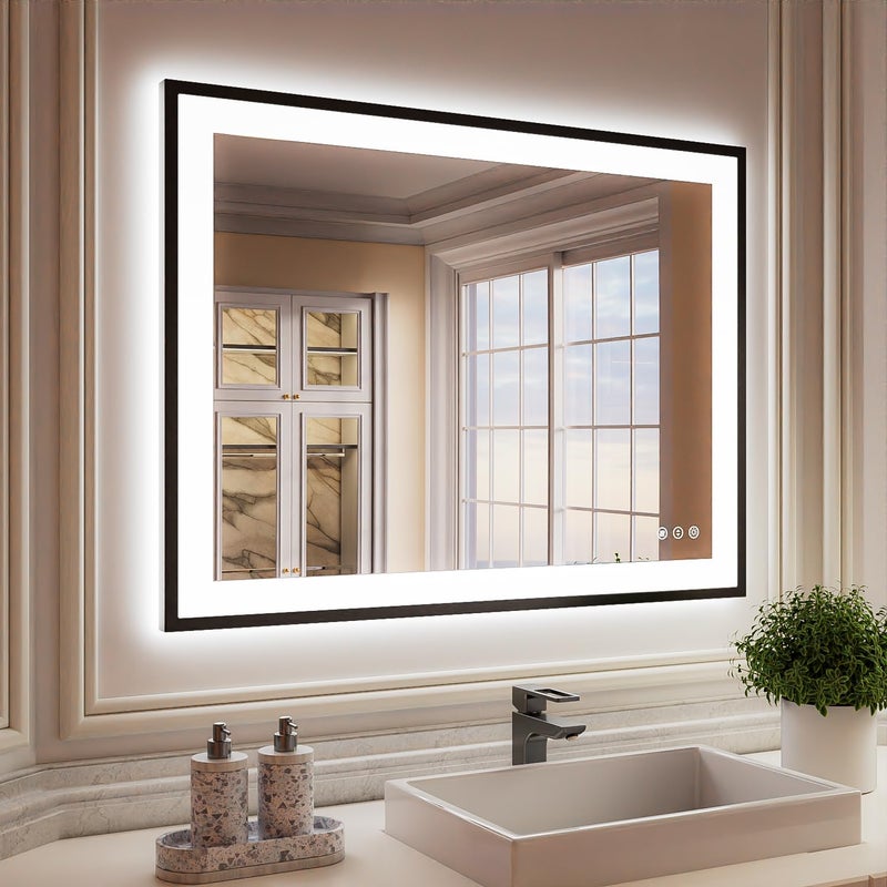 ISKM Framed LED Mirror for Bathroom 40x30 Dimmable LED Bathroom Mirror with Lights AntiFog Front and Backlit Lighted Mirror 3Colors Shatterproof Memory Function